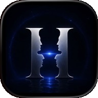 Homonoia icon: two facing profiles forming the letter H, silver-blue on black.