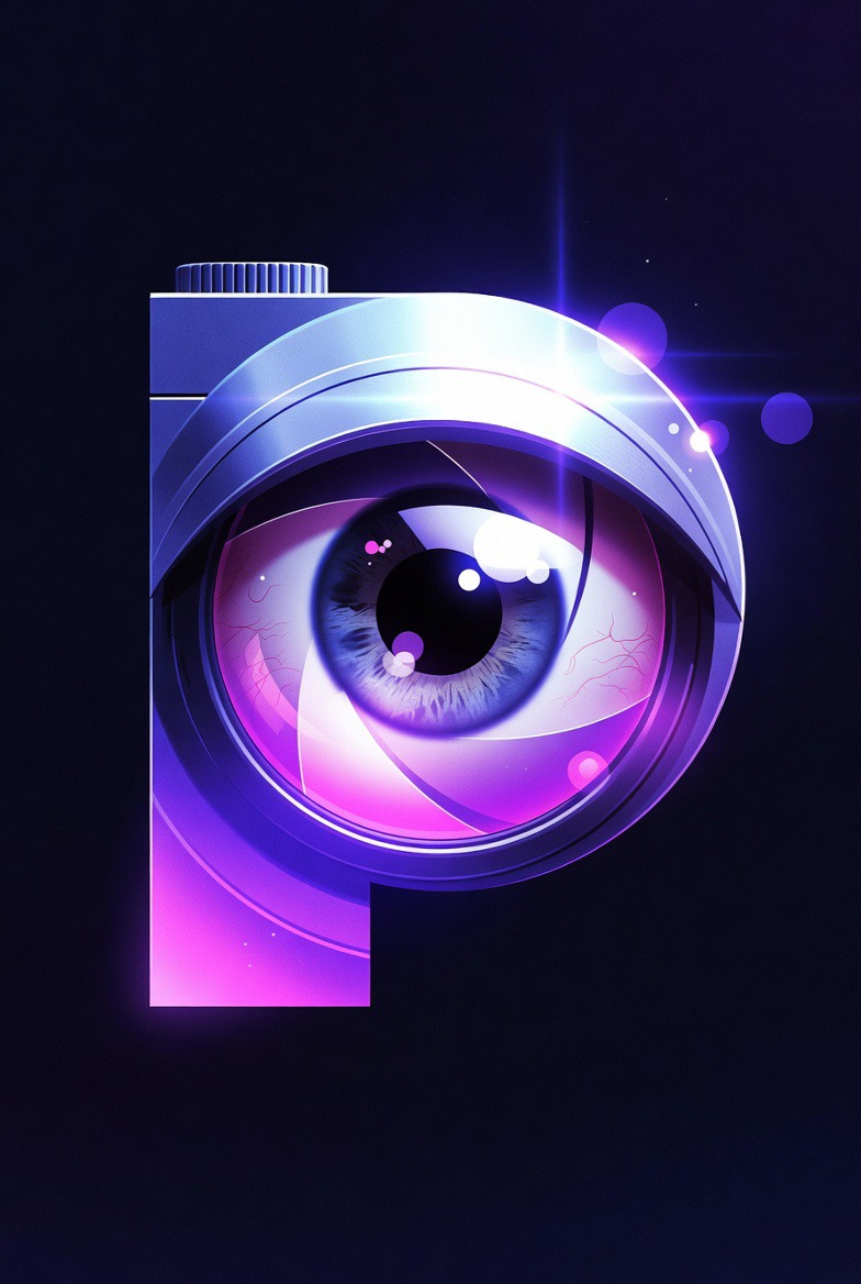 Prightroom mark: the letter P as a camera with an eye in the lens.